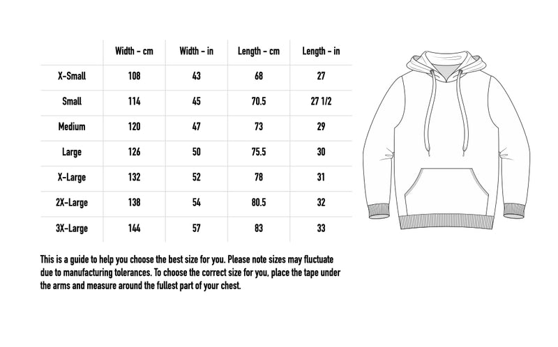 Size chart for PsychoWarrior  Hoodie