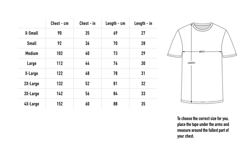 Size chart for MG Is Dead Tee - Black
