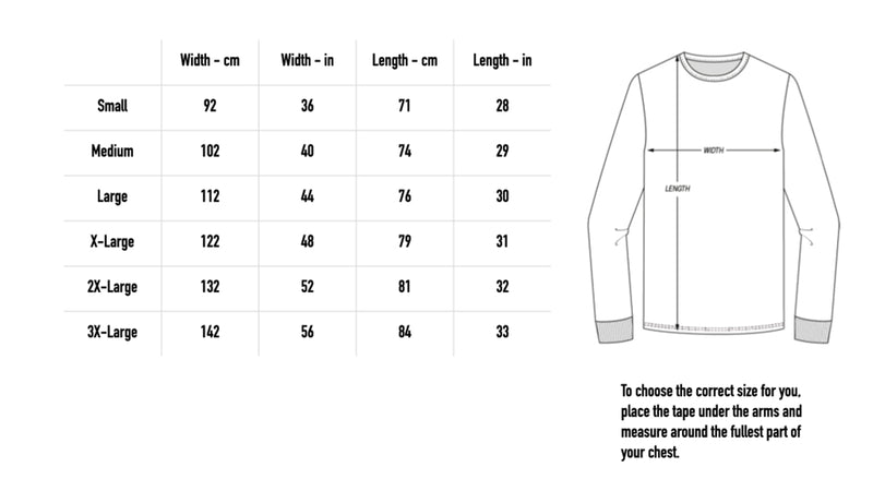 Size chart for PsychoWarrior Longsleeve